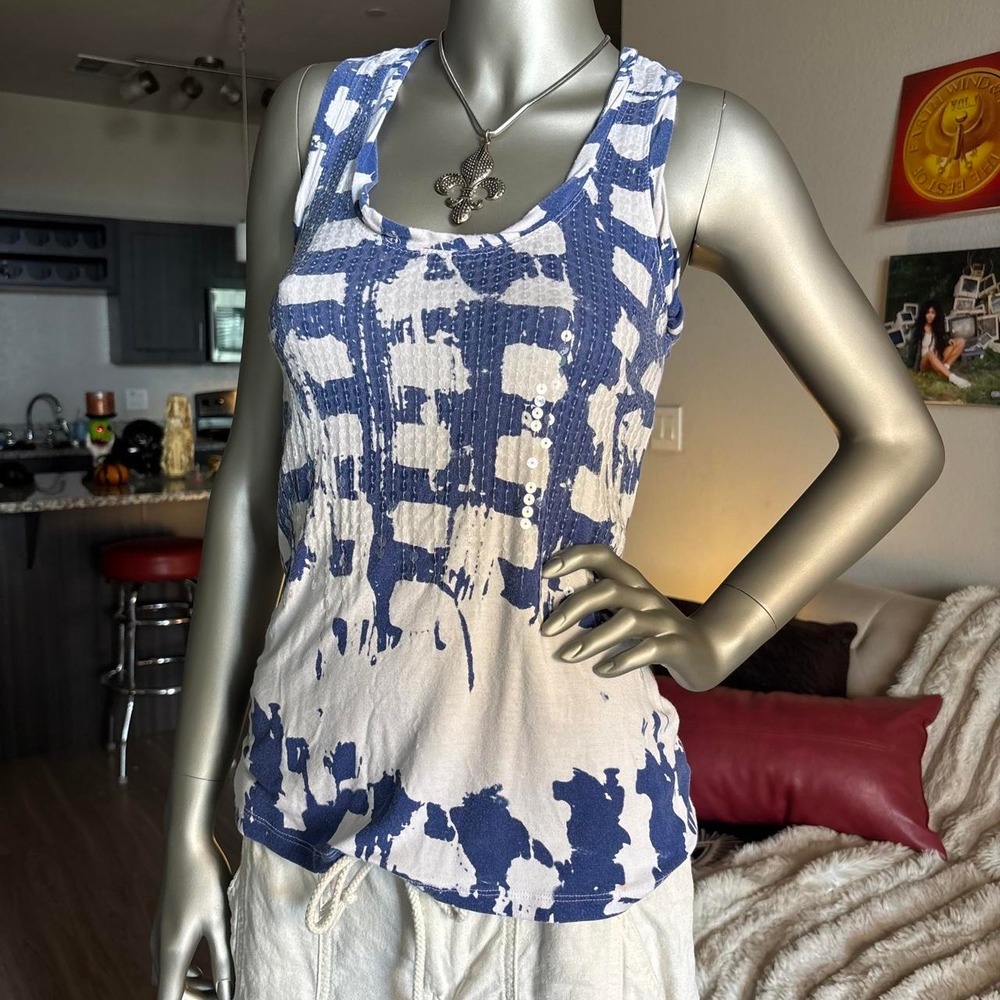 BEBE Blue White Sequin Abstract Racerback Tank Top